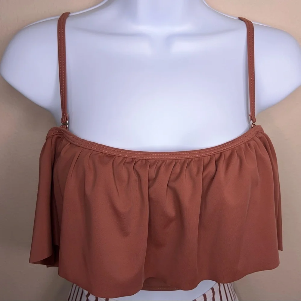 Large Tan Brown White Two Piece Swimsuit Womens Ruffle Top High Waist Striped